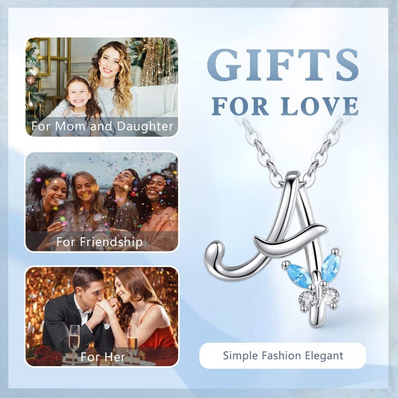 EUDORA Sterling Silver Initial A Necklaces for women Alphabet A Necklace Initial Personalized Letter A Pendant with Blue Cubic Zirconia Butterfly for Mom 18" Chain - Image 4